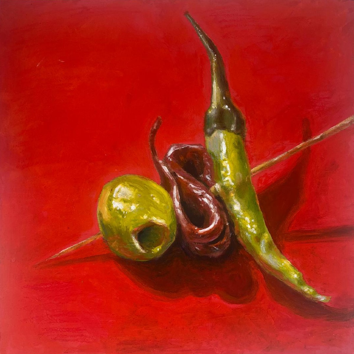 Realistic painting of a Gilda (Typical Spanish entree) over a red background. Painted by Venezuelan painter Luis F. Guevara.