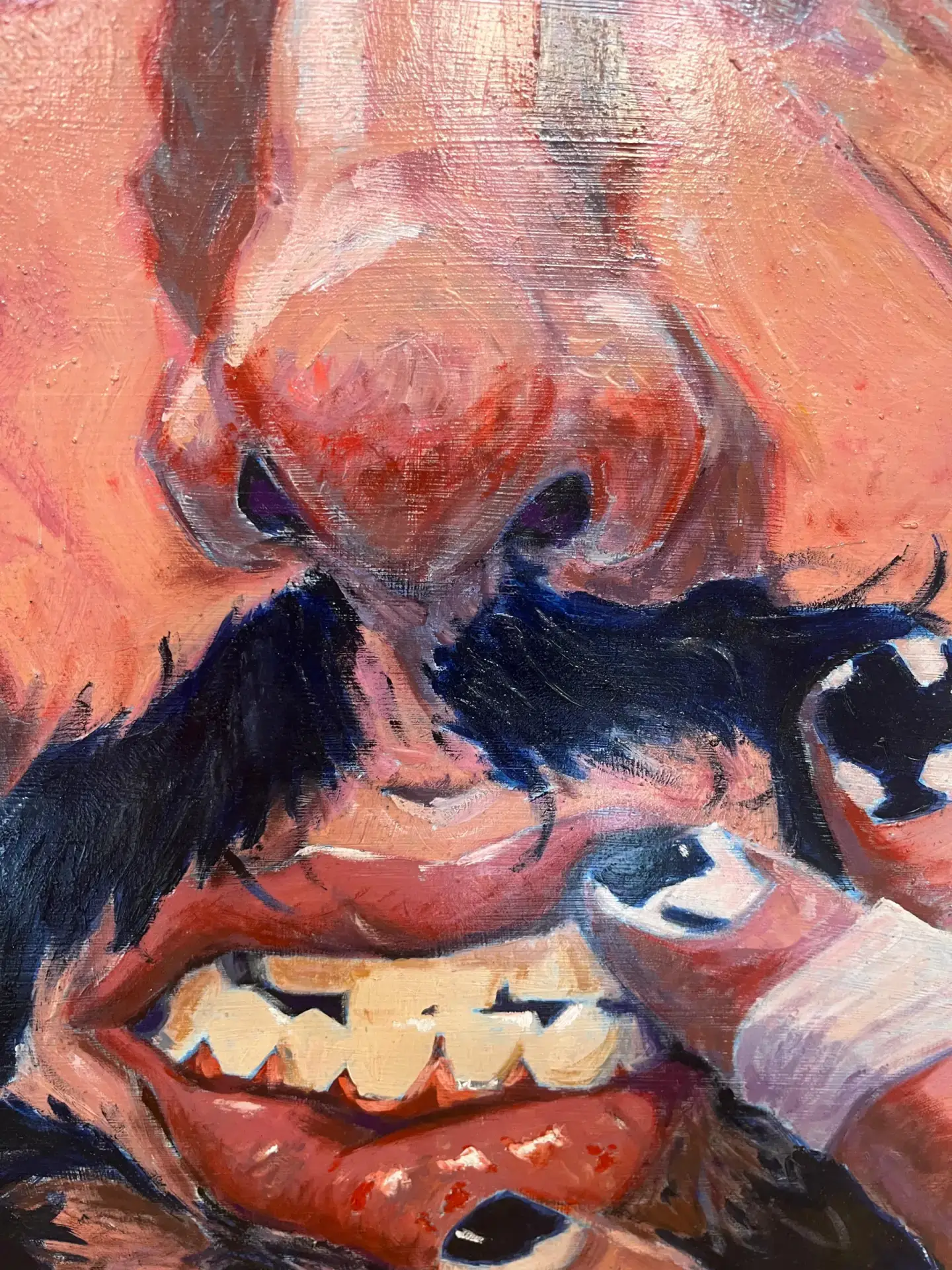 A close-up of an oil painting. A self-portrait by painter Luis F. Guevara
